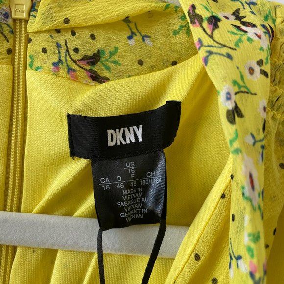 DKNY Yellow Floral, Short Sleeve,‎ V-Neck Dress with Tie Neck, Size 16, NWT - Picture 9 of 12